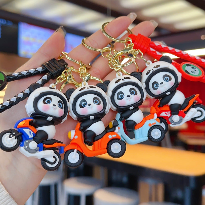 Wholesale Cute Motorcycle Panda PVC Keychain Cartoon Bag Charm Gift For Couples Resale
