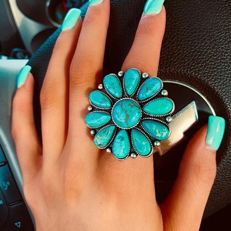 Wholesale Retro Bohemian Turquoise Flower Ring Antique Silver Adjustable Open Band Fashion Jewelry Accessory For Boutique Resale