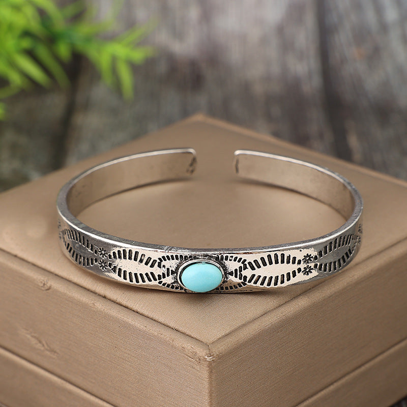 Wholesale Vintage Bohemian Turquoise Bangle Bracelet Antique Silver Tone Alloy Electroplated Jewelry Accessory