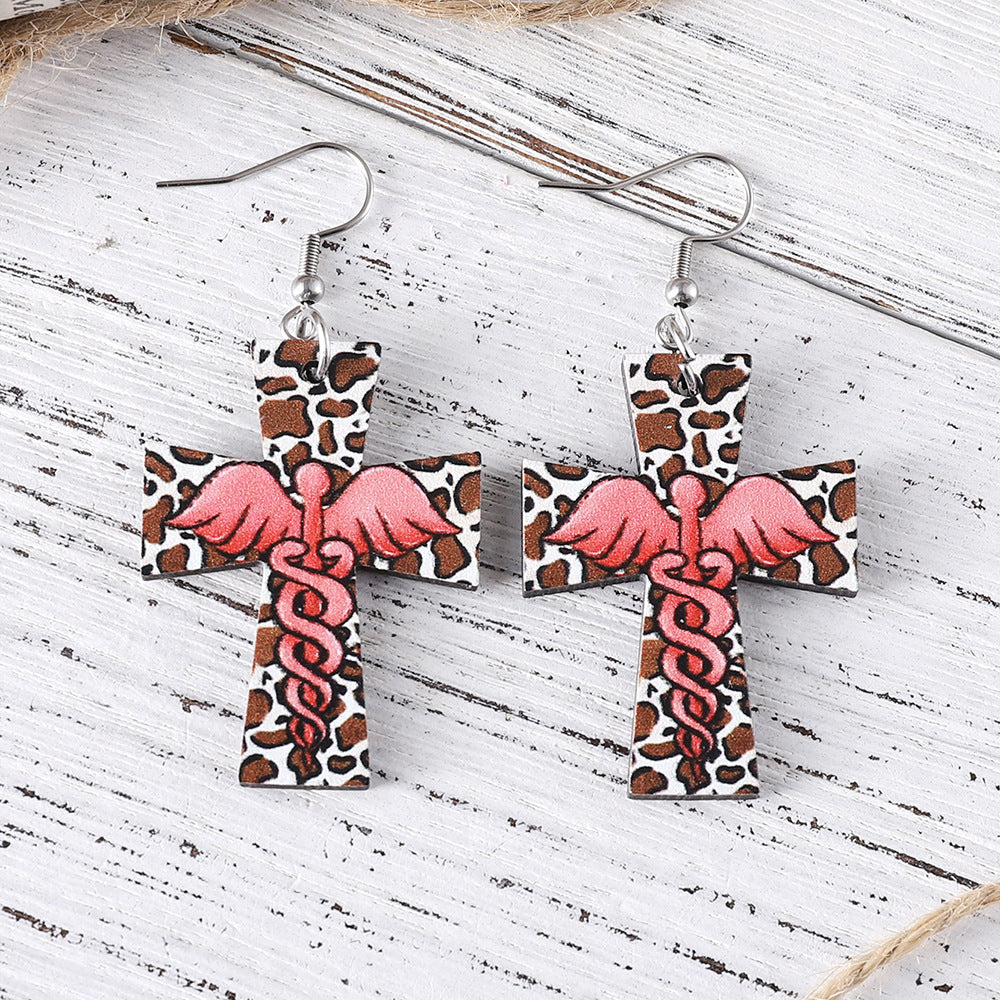 Wholesale Nurses'  Day Cross,  Leopard Print,  and Angel Pendant Earrings — Double-Sided Wooden Earrings