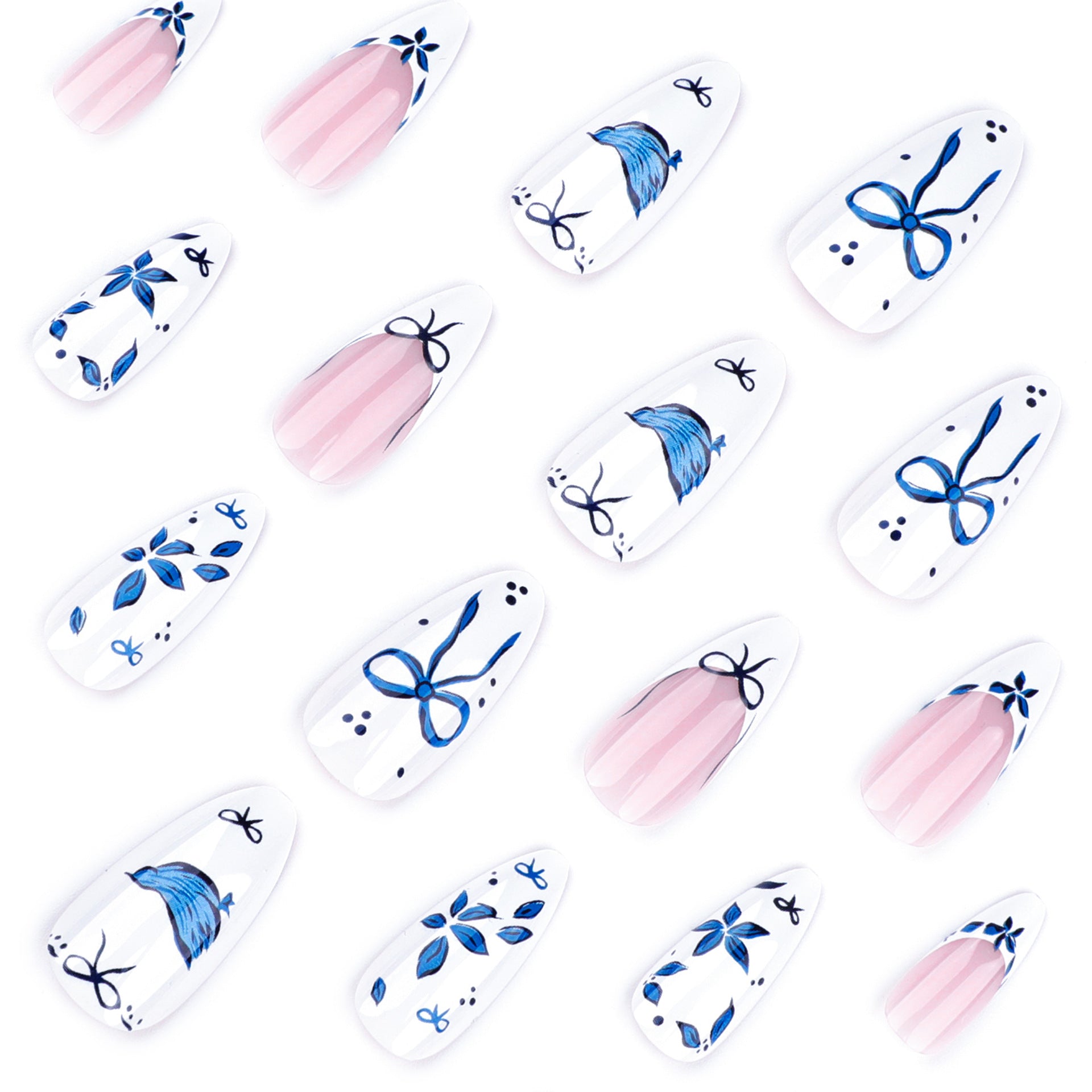 Wholesale 24 Pieces/box Blue Bow Flower Nails Kits Nail Stickers