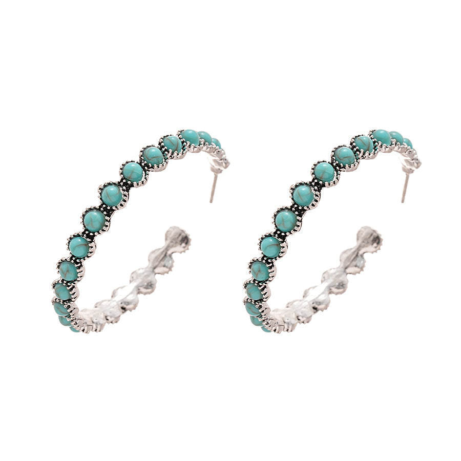 Wholesale Blue stone geometric round silver needle earrings