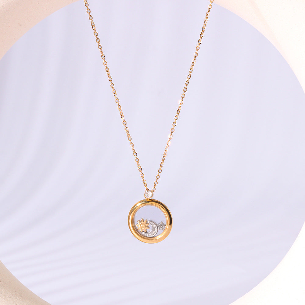 Wholesale Stainless Steel Geometric Round Pendant Plated with 18K Moon and Sun Necklace