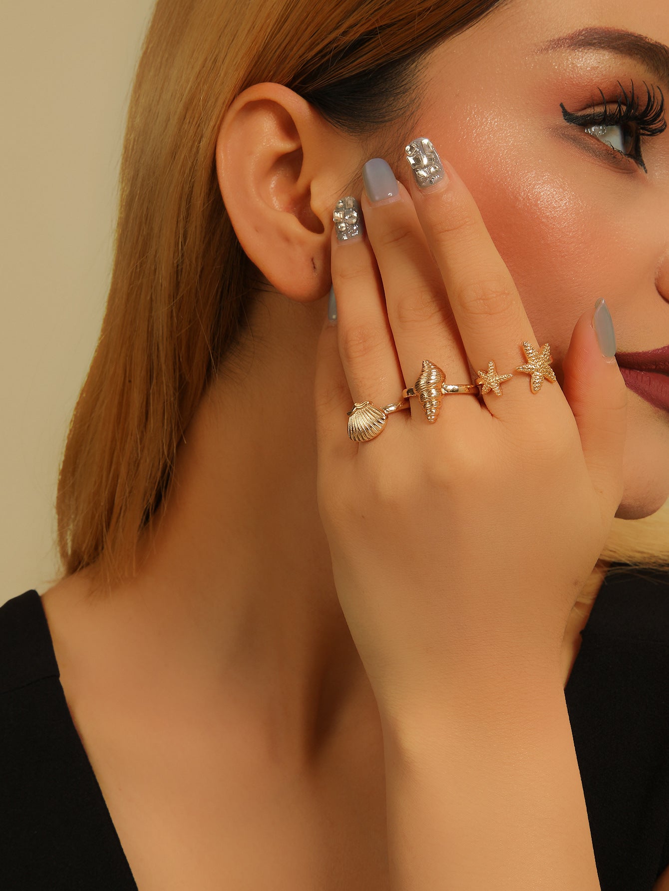 Wholesale Women S Adjustable Starfish Seashell Open Ring Set Gold Electroplated Fashion Jewelry Gift