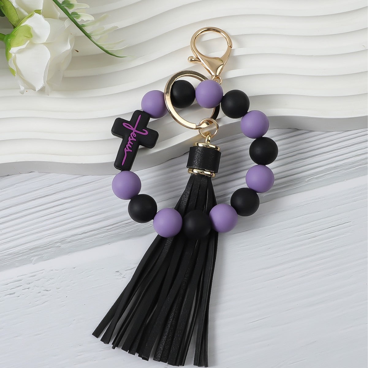 Wholesale Trendy Cross Bead Bracelet Keychain Silicone Wristband Bag Charm For Women