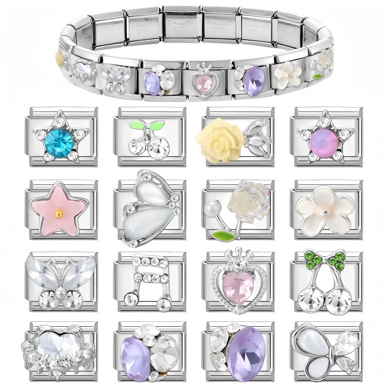 Wholesale Titanium Steel Modular Bracelet with Purple Diamond White Flowers,  Couple' s DIY Watch Strap Jewelry Accessory Gift