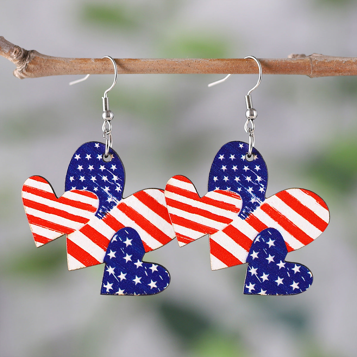 Wholesale of American Independence Day Five Pointed Star Rainbow Bull Head Heart Wooden Double Sided Earrings ACC-ES-ChuLian015