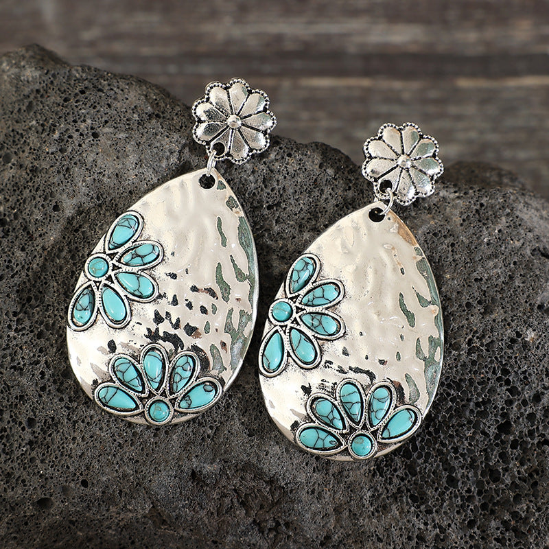 Wholesale Bohemian style water drop alloy inlaid turquoise earrings