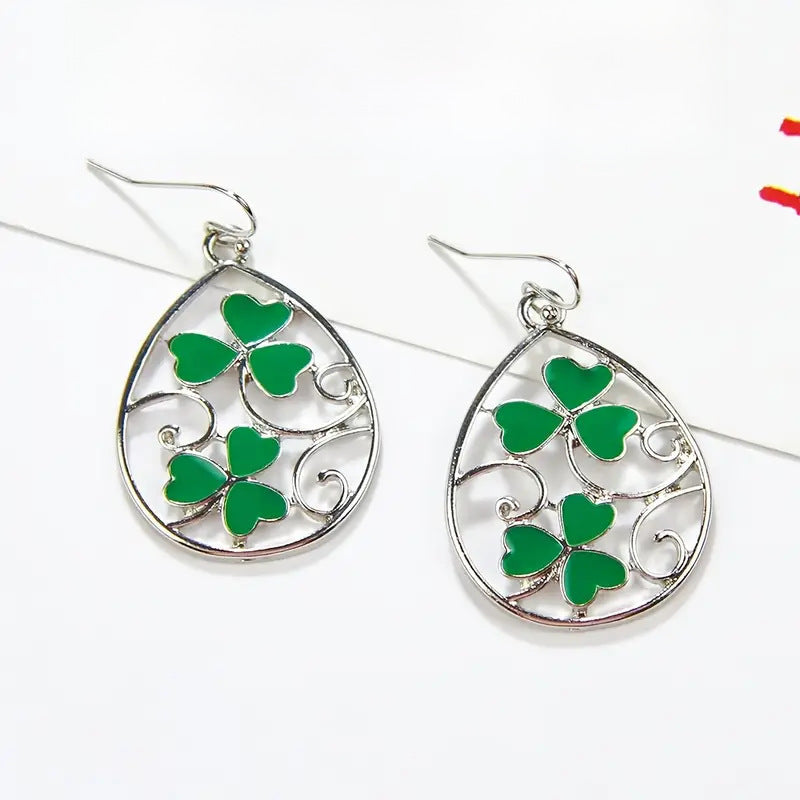 Wholesale St Patrick's Day Clover Hollow carved water drop earrings