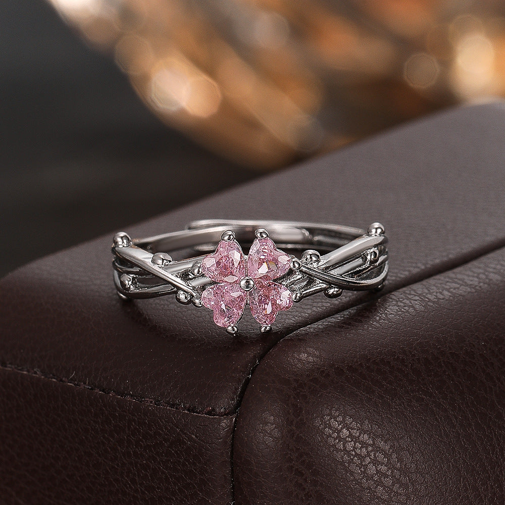 Wholesale Electroplated Copper Zircon Four Leaf Clover Ring Stylish Jewelry Accessory For Women Gift