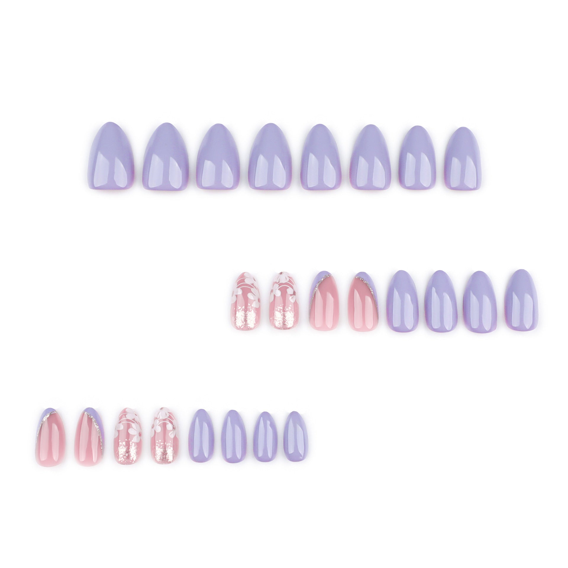 Wholesale 24 Pieces/box Purple Bevel White Flowers Nails Kits Nail Stickers