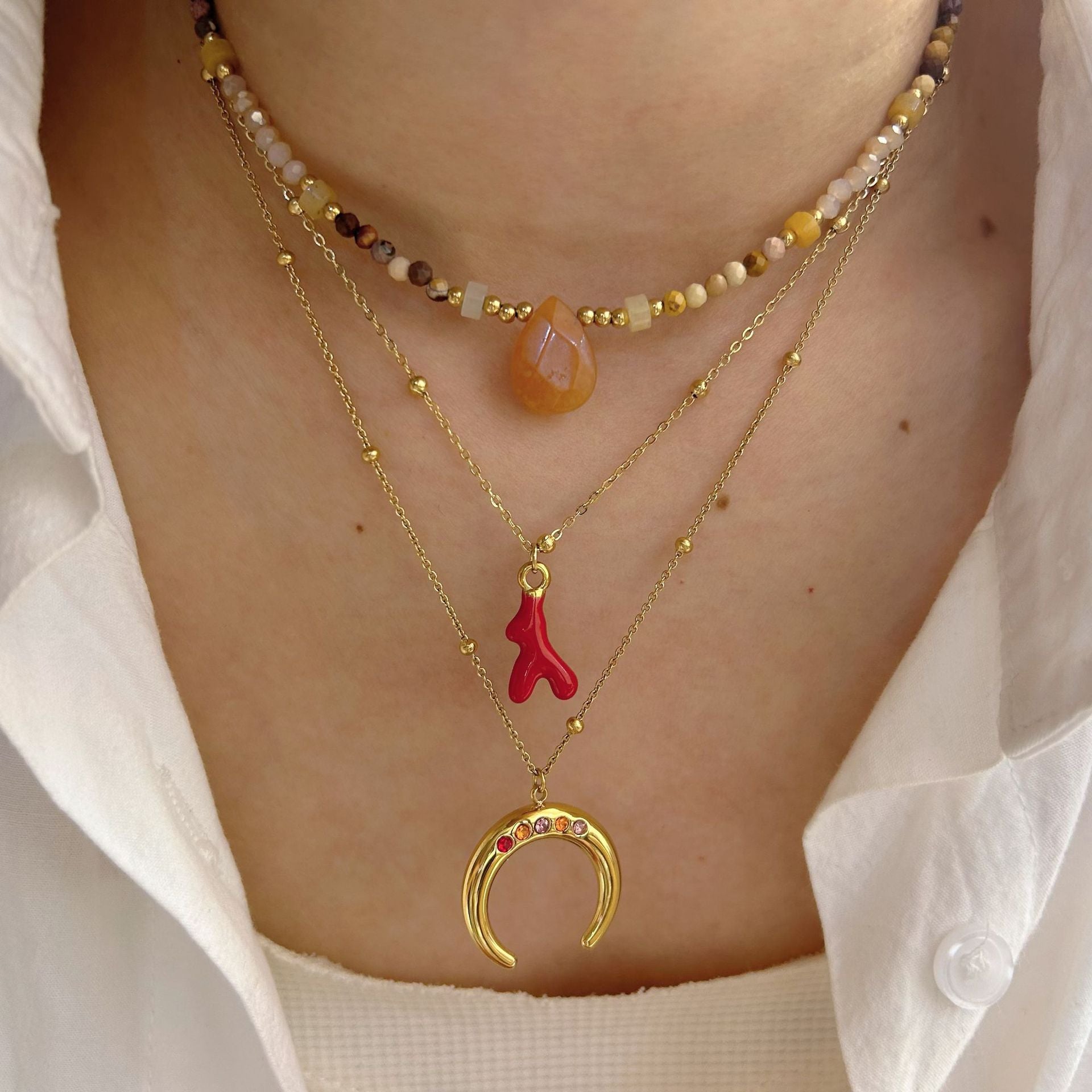 Wholesale Natural stone necklace with diamond moon oil drop sun titanium steel chain