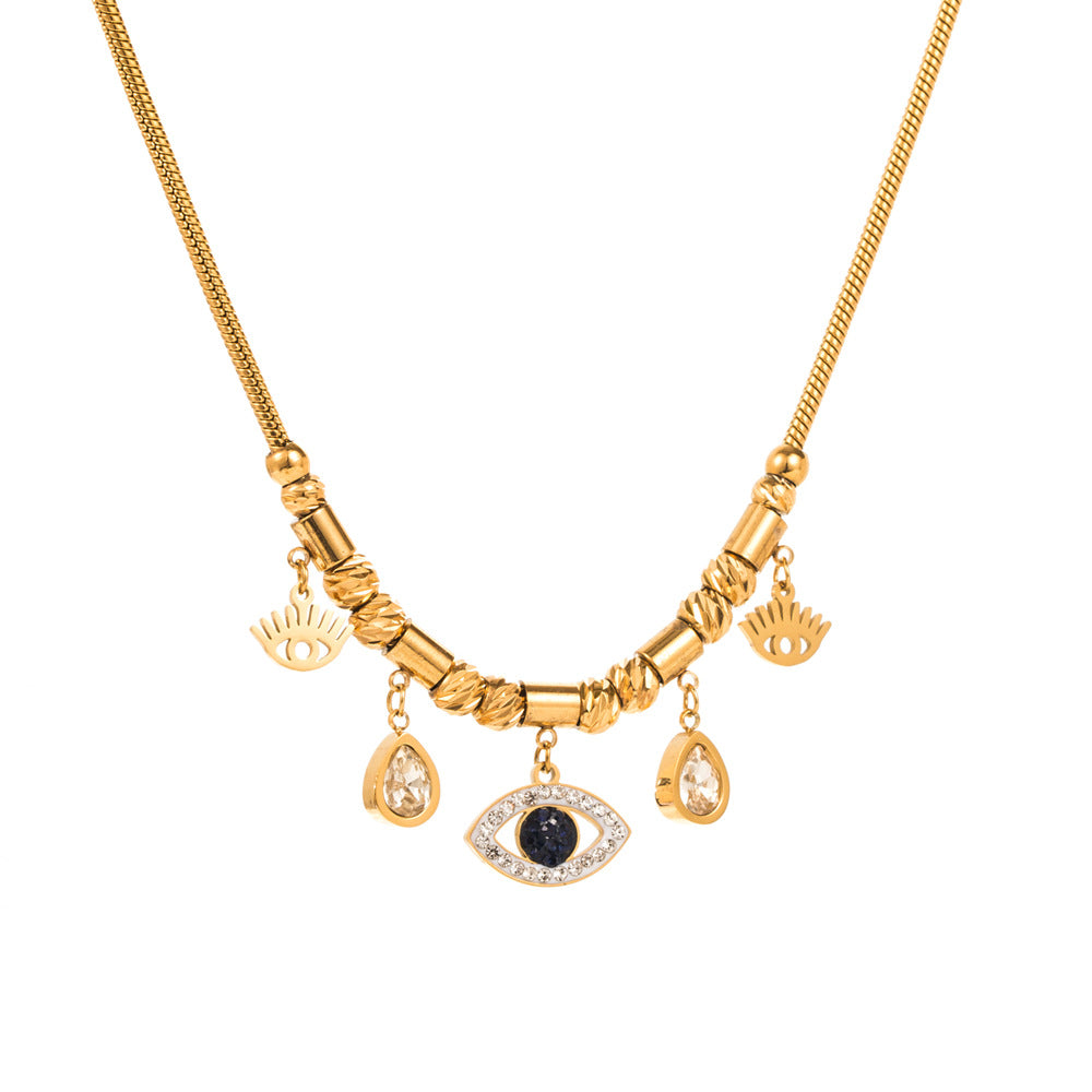 Wholesale titanium steel  devil eye inlaid water drop diamond clavicle necklace