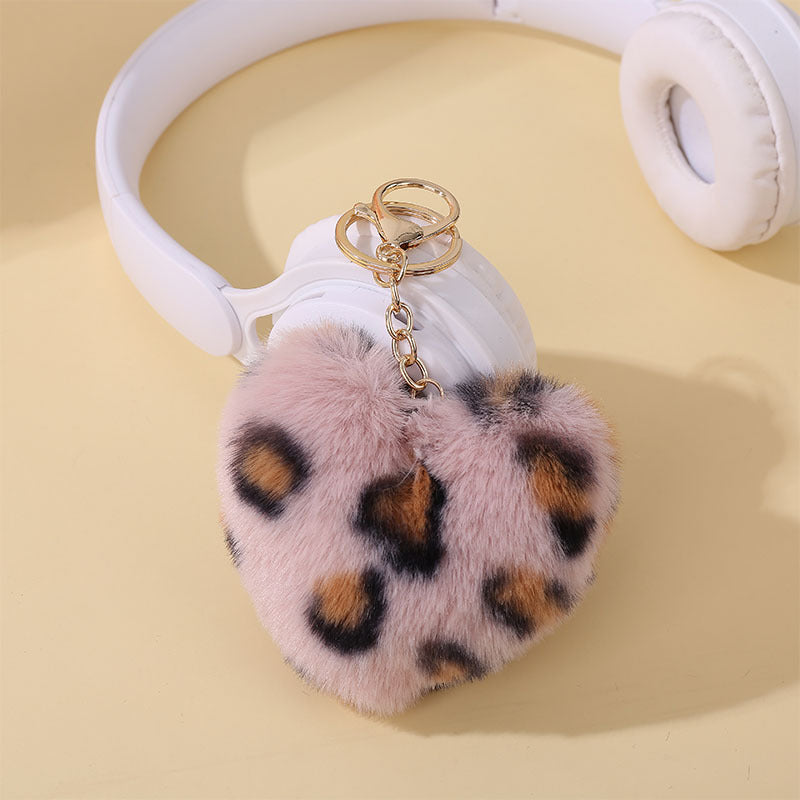 Wholesale 5PCS Multicolor leopard print fur ball keychain peach heart pendant bag plush jewelry pendant