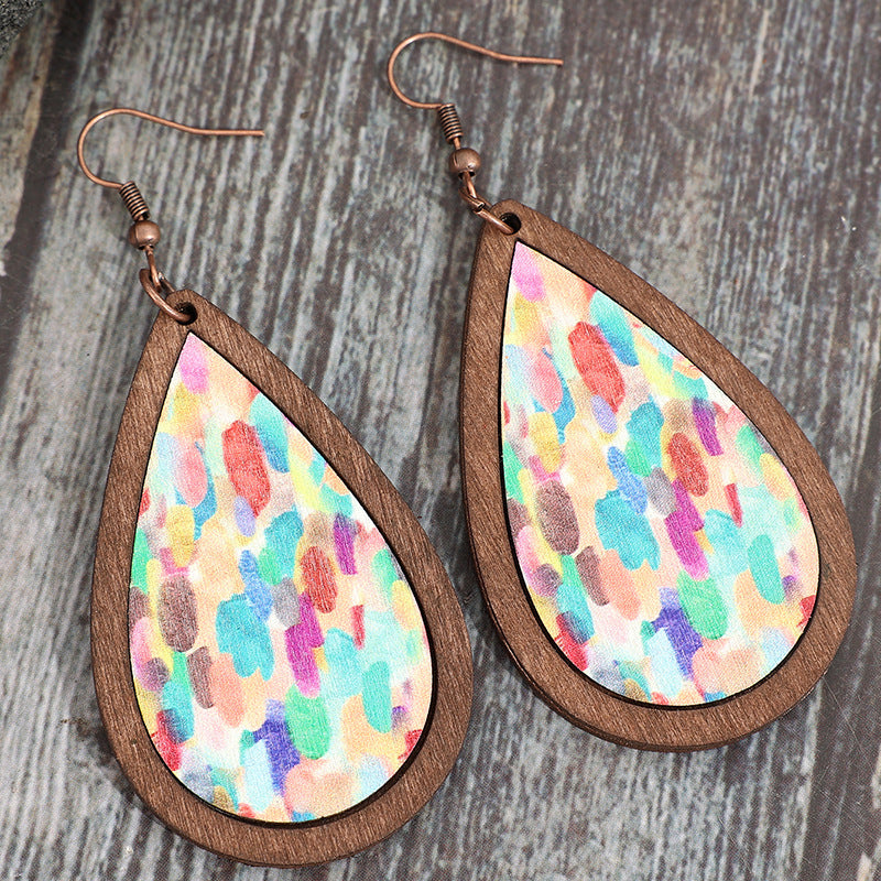 Wholesale Fashion Fresh Wind Drop Shape Wooden Frame Printing Color Spot Women Wooden Earrings Earrings Batch