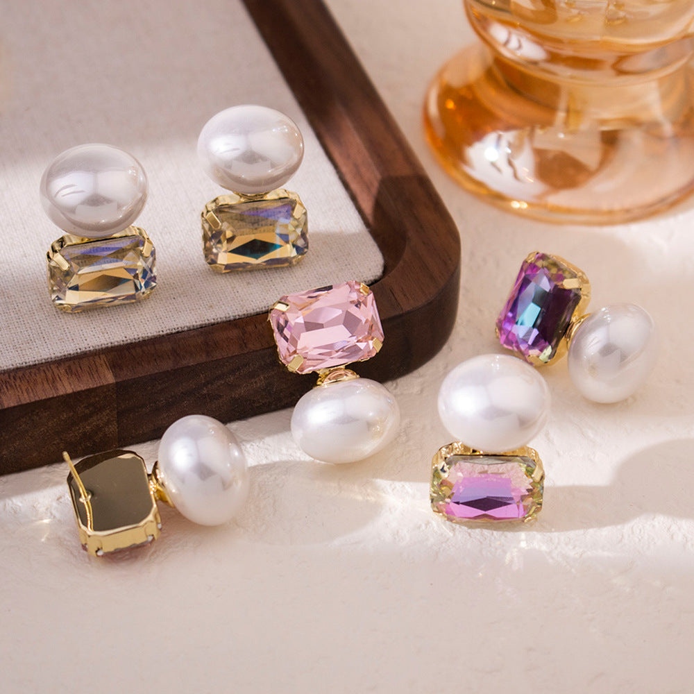 Wholesale Silver Needle  Zircon Large Pearl Earrings Retro Light Luxury Colorful  Earrings