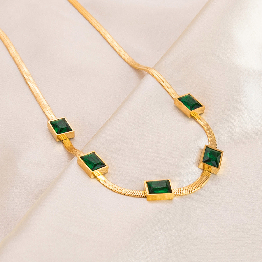 Wholesale Stainless Steel Necklace 18K Gold Plated Square Emerald Rhinestone Zircon Choker Necklaces ACC-NE-YuHui003