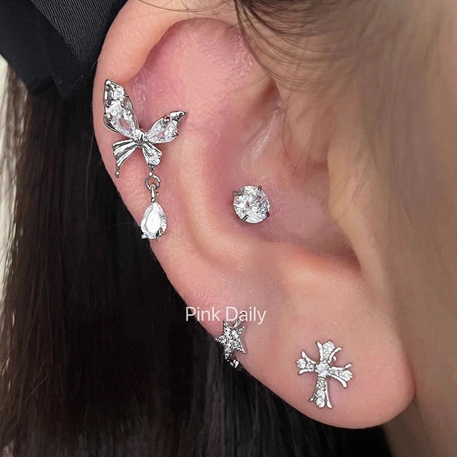 Wholesale Halloween  Super Flash Full Diamond Cross Ear Bone Nail  Titanium Steel Earrings