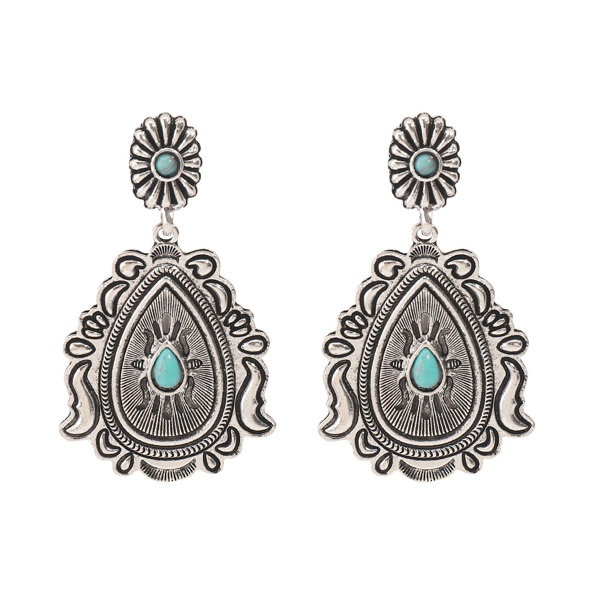 Wholesale vintage Artistic Carved Ancient Silver Earrings Bohemian Ethnic Style with Turquoise Earrings