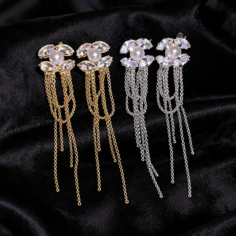 Wholesale Silver Needle Zircon Pearl Leaf Tassel Earrings for Party Wear Jewelry Accessory