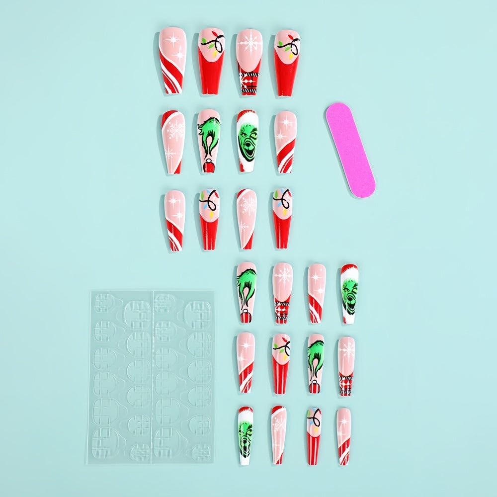 Wholesale 24 Pieces/ box Christmas Green Hair Monster  Red and White Striped Nail