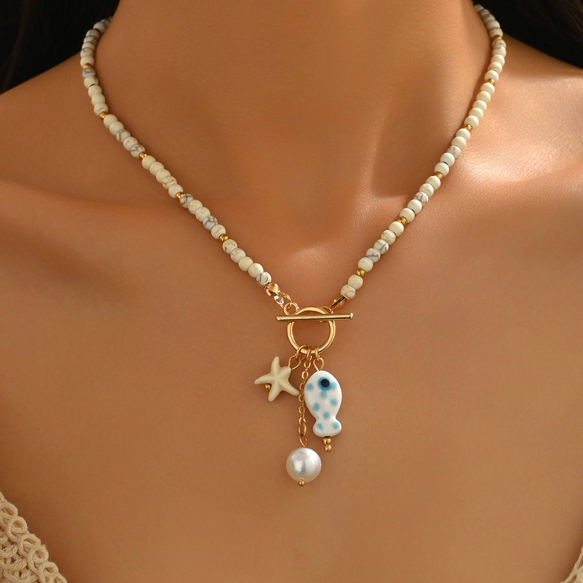 Wholesale Bohemian Blue Fish And Starfish Faux Pearl Beaded Necklace Trendy Party Jewelry Accessory Gift