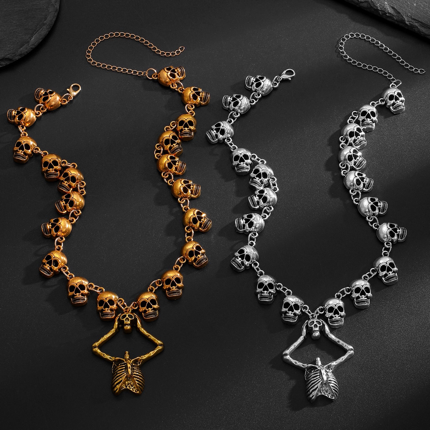 Wholesale Gothic Skeleton Skull Tassel Pendant Choker Necklace,  Antique Gold,  Zinc Alloy,  Fashion Accessory for Resale