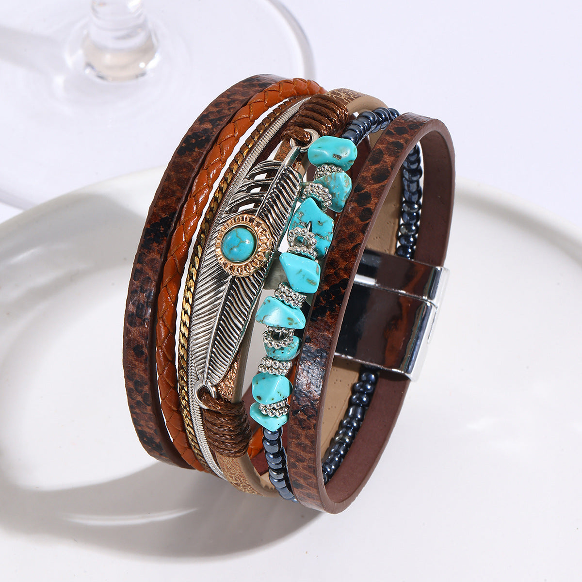 Wholesale Unisex Bohemian Faux Leather Feather Magnetic Bracelet Business Gift Jewelry Accessory