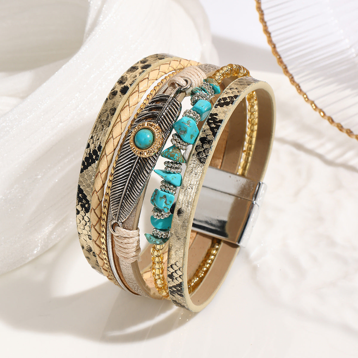 Wholesale Unisex Bohemian Faux Leather Feather Magnetic Bracelet Business Gift Jewelry Accessory