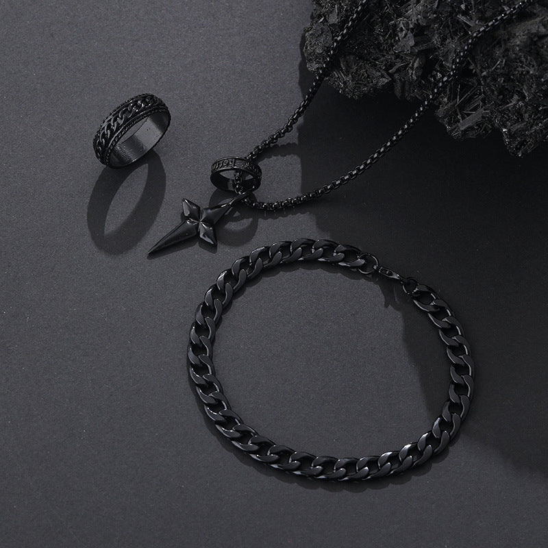Wholesale Stylish Black Cross Crown Roman Numeral 3 Piece Jewelry Set Necklace Bracelet Ring Fashion Accessory Gift