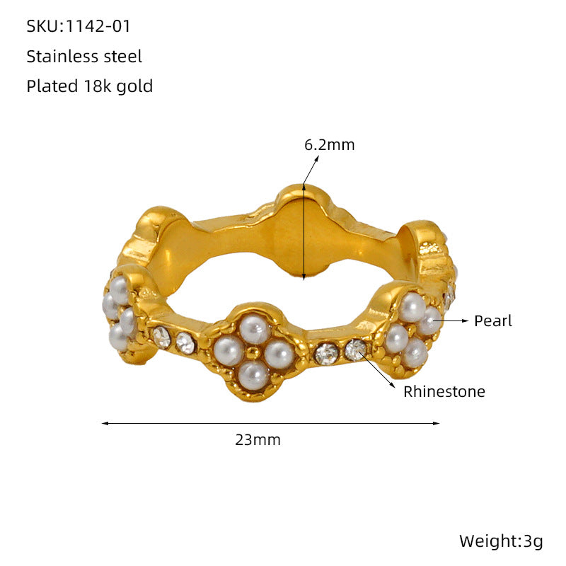 Wholesale Steel titanium ring with rhinestones,  man-made pearl flower ring