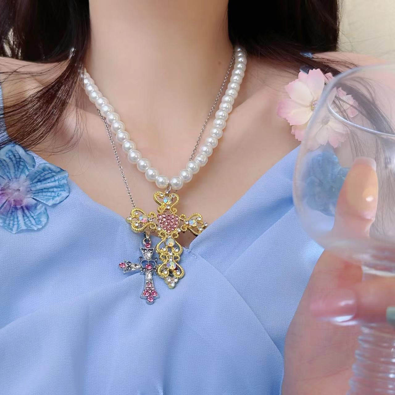Wholesale  Cross Necklace  Colorful Diamonds and Pearls Necklaces