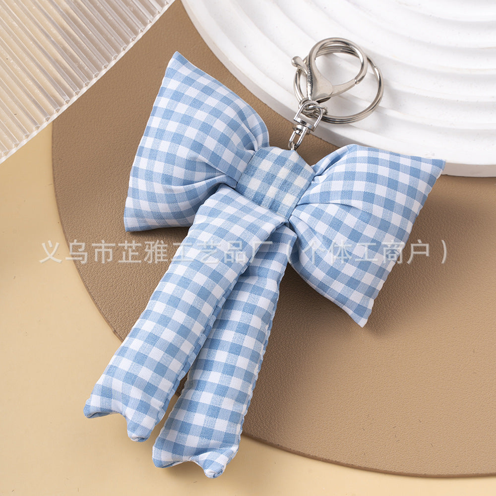 Wholesale  Blue Pink Plaid Handmade Fabric Bow Pearl Car Keychain