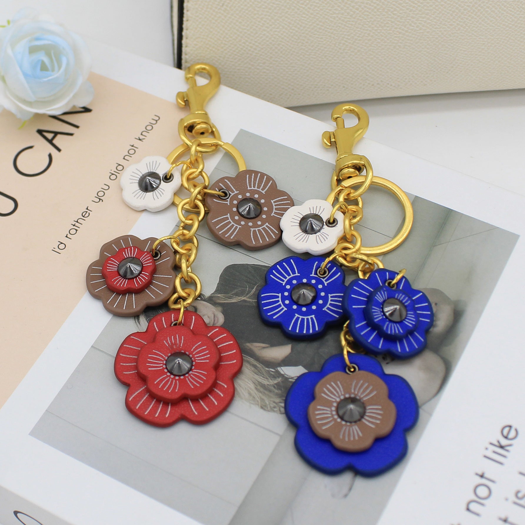 Wholesale Retro PU Flower Keychain Bag Charm Fashion Camellia Phone Lanyard Resale Accessory