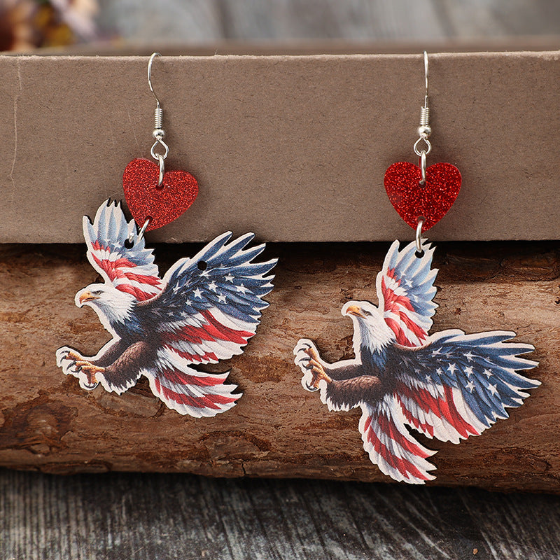 Wholesale American Independence Day Eagle Print American Flag Heart Stitching Wooden Earrings