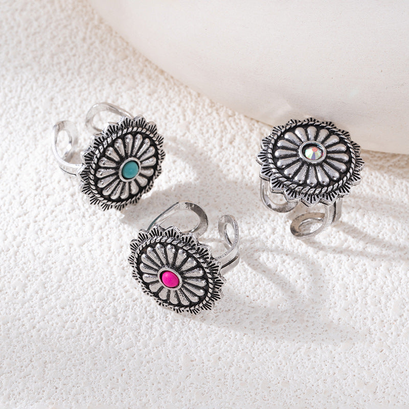 Wholesale Vintage Bohemian Turquoise Flower Ring,  Alloy Electroplated Pinky Ring,  Trendy Fashion Accessory for Resale