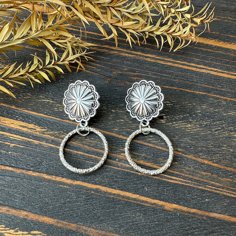 Wholesale Western metal earrings cow's head sunflower inlaid turquoise stitching denim earrings