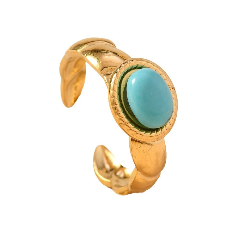 Wholesale Vintage Bohemian Open Stainless Steel Ring with Turquoise Inlay Jewelry Accessory