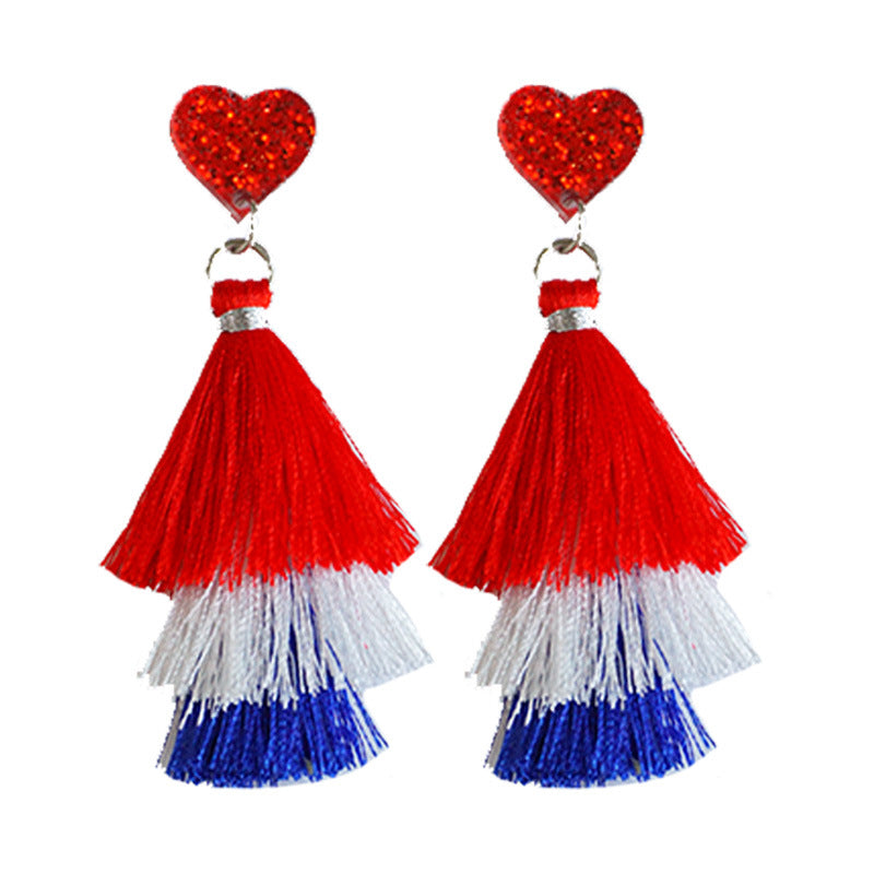 Wholesale 2 Pairs/pack American Independence Day Multi-layered Tassel Love Silk Earrings ACC-ES-HY041