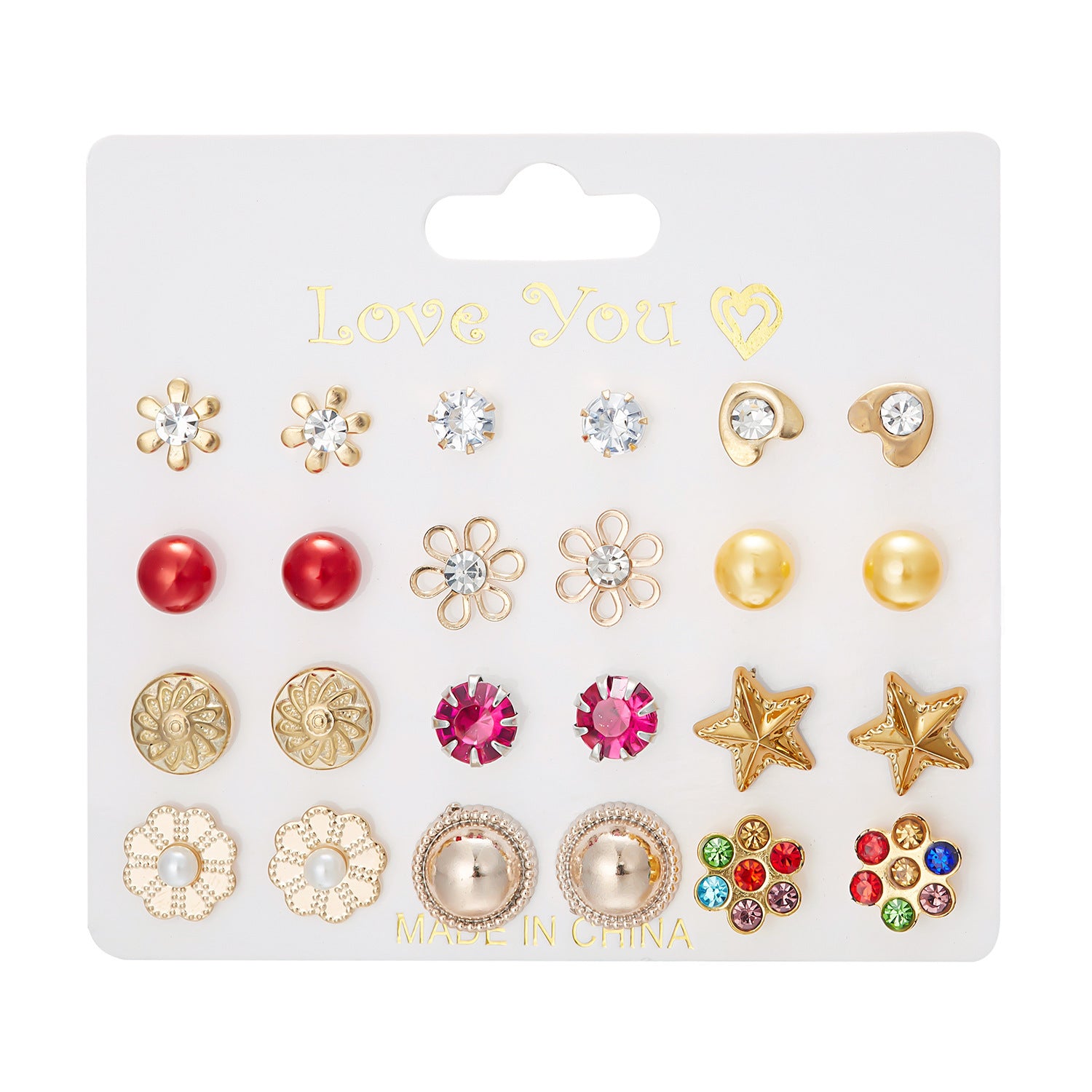 Wholesale month combination earrings 12 pairs of flowers love stars and moon diamond  earrings suit