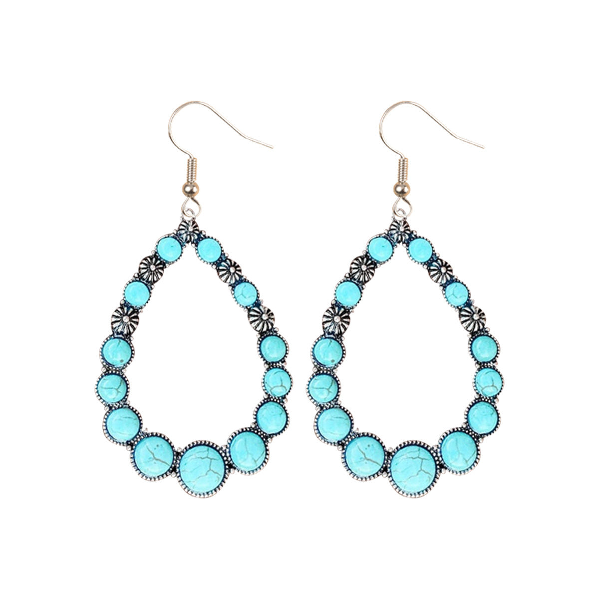 Wholesale Silver Alloy Geometric Hollow Turquoise Drop Earrings Ethnic Style Fashion Jewelry Accessory