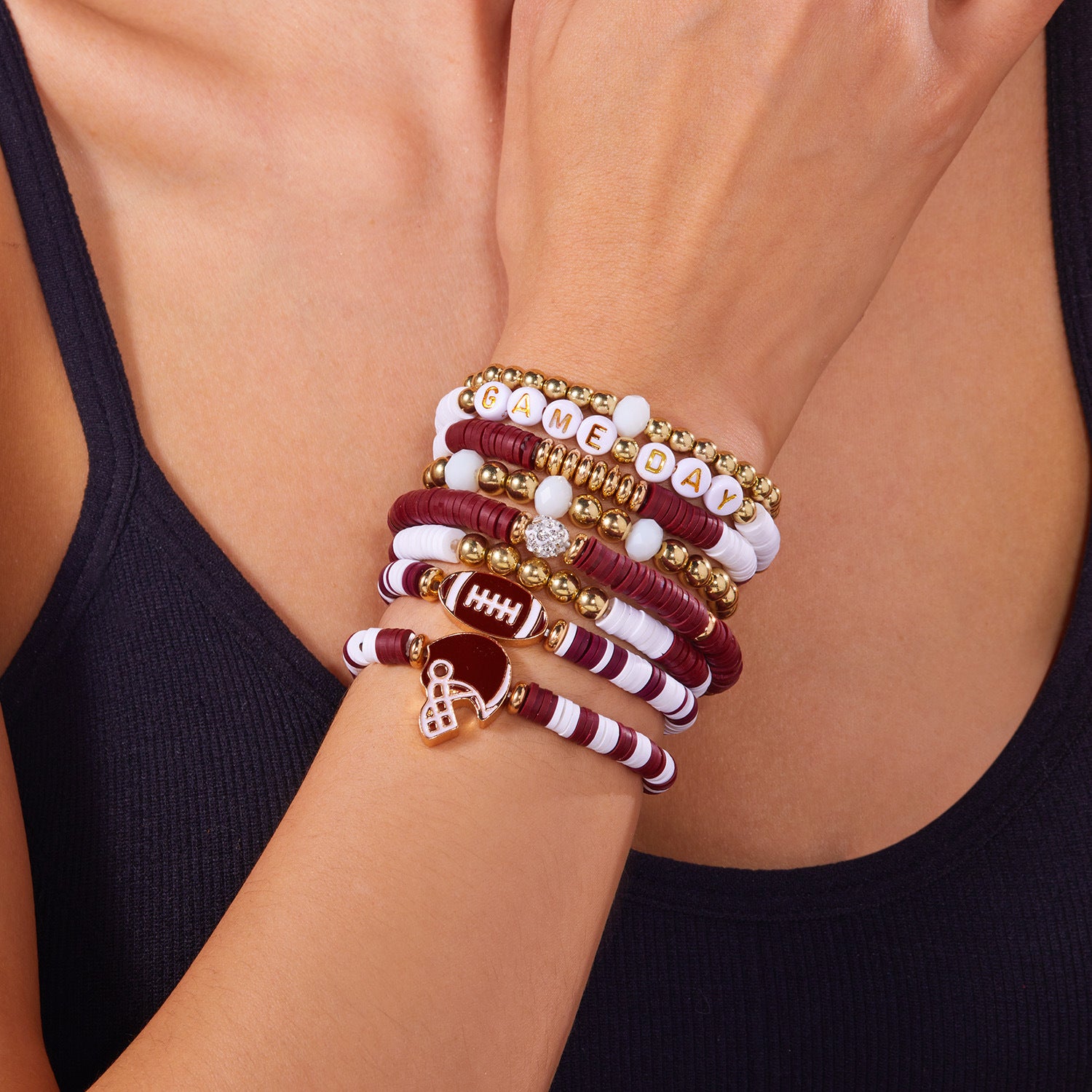 Wholesale Football letter multi-layered polymer clay elastic bracelet set