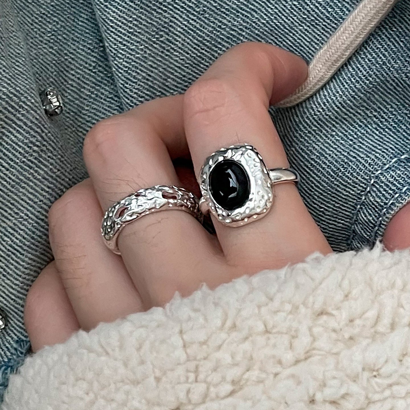Wholesale Trendy Black Agate Geometric Copper Electroplated Ring for Women Boutique Resale