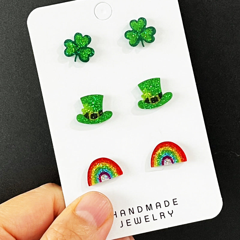 Wholesale 2 pairs/pack St. Patrick's Day Green Lucky Happy Clover Earrings ACC-ES-HY217