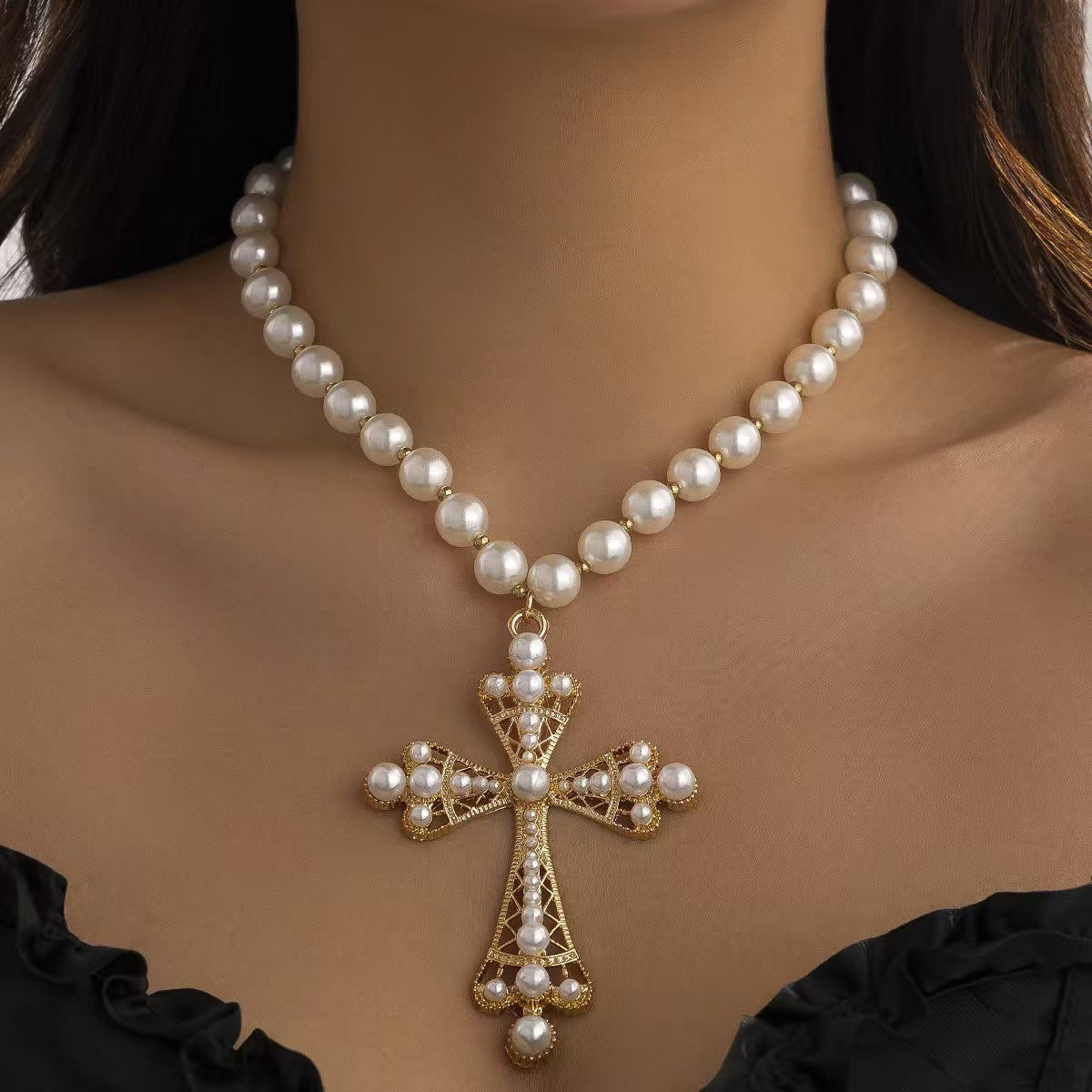 Wholesale Cross Pendant Pearl Necklace Dark Style Fashion Jewelry Accessory