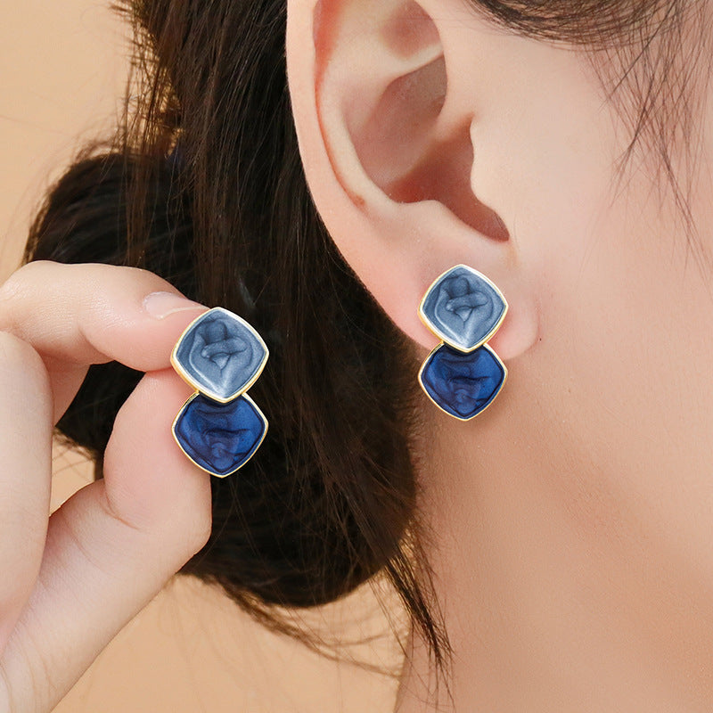 Wholesale Haze Blue Retro Earrings Women' s S925 Silver Needle Geometric Oil Dropping Elegant Earrings Simple High-end Ear Jewelry