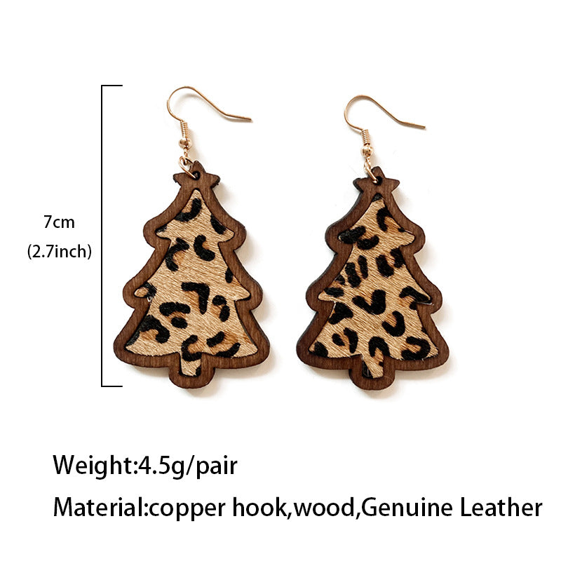 Wholesale Western Christmas wooden earrings Bohemian leather horse hair inlaid leather earrings