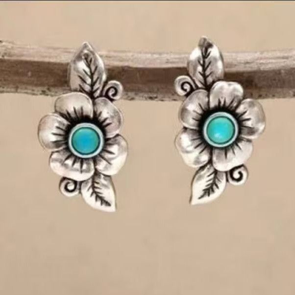 Wholesale Vintage Bohemian Turquoise Flower Earrings Antique Silver Alloy Stud Gift Jewelry