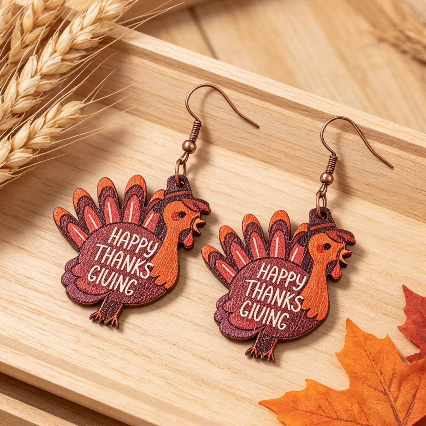 Wholesale Trendy Thanksgiving Turkey Wood Drop Earrings With Happy Thanksgiving Letter Print For Holiday Gift Party