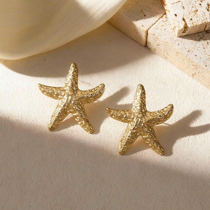 Wholesale Ocean-Inspired Textured Gold Conch and Starfish Stud Earrings